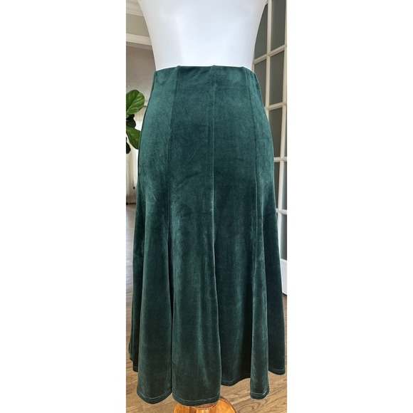 Green Velvet Midi Skirt XS High Waist Flowy A-Line Soft Holiday Party VTG Style - Picture 2 of 8